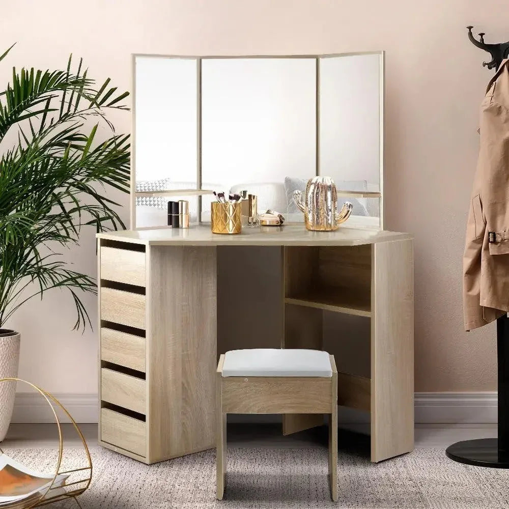 Artiss Corner Dressing Table Mirror Stool Set Makeup Vanity Desk Chair