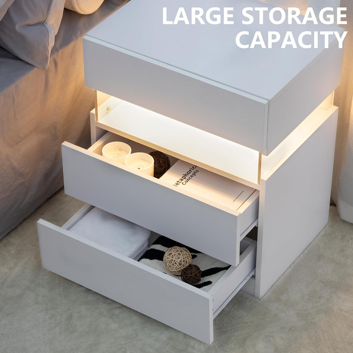 LED bedside table, bedroom, three drawers, dressing table, acrylic board, bedside furniture (white) see