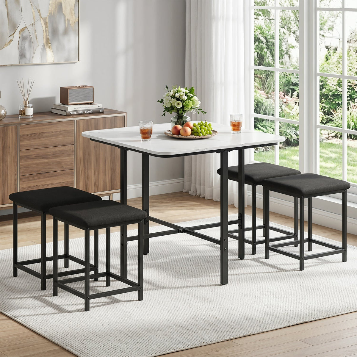5-Piece Dining Table Set with 4 Upholstered Stools