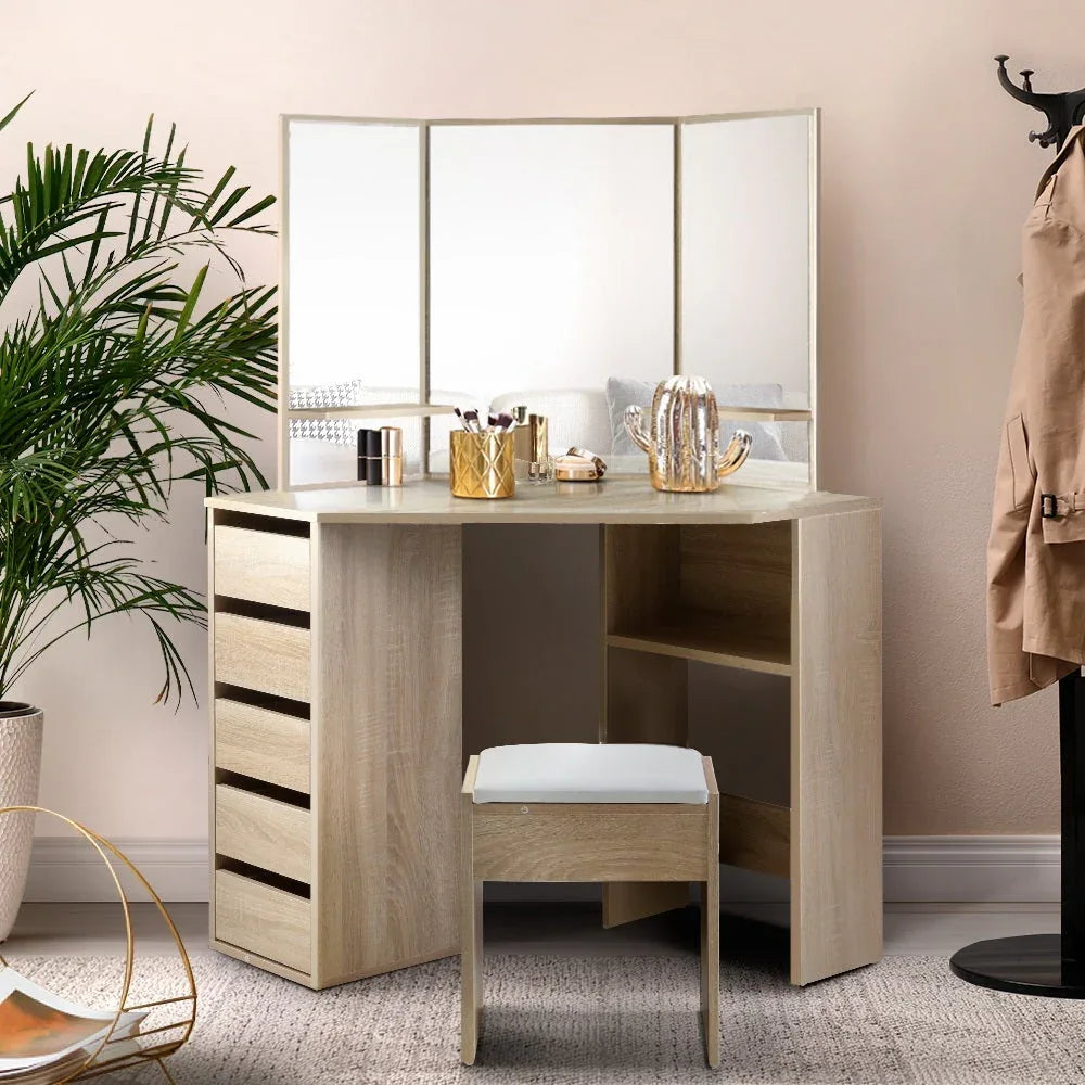 Artiss Corner Dressing Table Mirror Stool Set Makeup Vanity Desk Chair