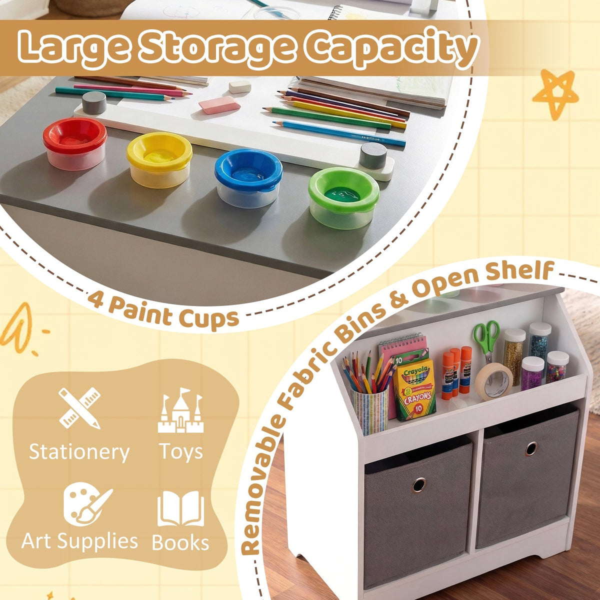 Kids Art Table and Stool Set Toddler Activity Desk with Paper Roll and 4 Paint Cups for Drawing Learning-Gray