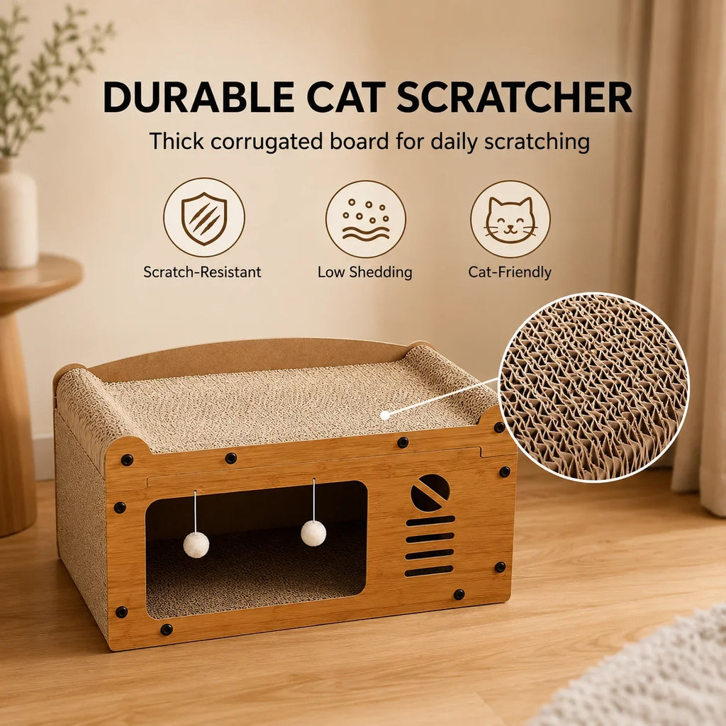 Cat Scratcher Lounge 56cm, Cat Sofa Bed House, Wooden Cat Furniture with Scratch Board, Indoor Cat Resting & Hiding Box