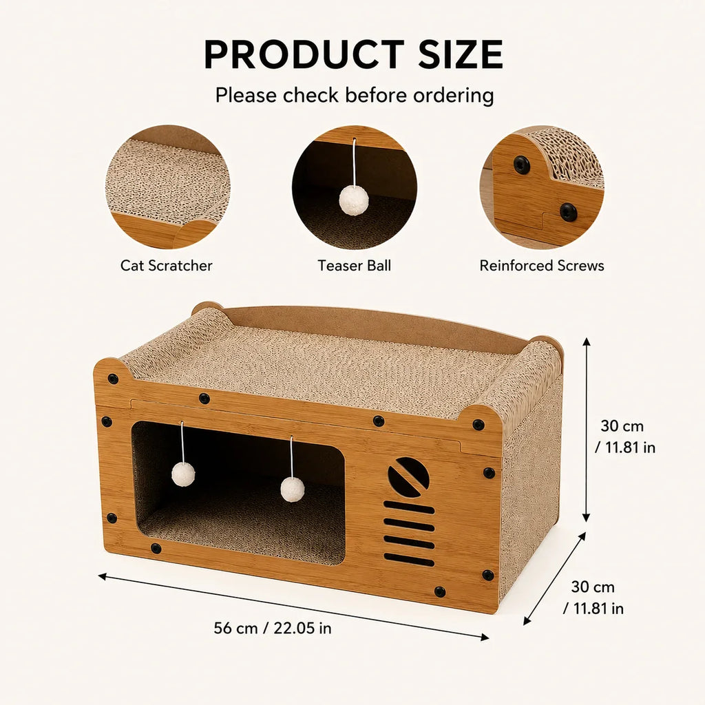 Cat Scratcher Lounge 56cm, Cat Sofa Bed House, Wooden Cat Furniture with Scratch Board, Indoor Cat Resting & Hiding Box