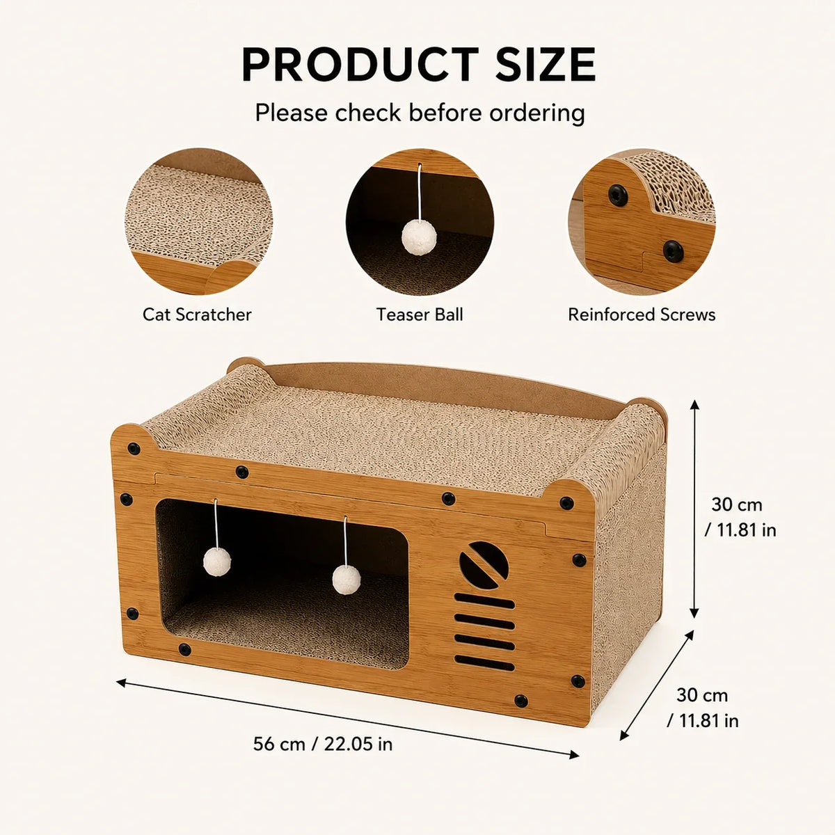 Cat Scratcher Lounge 56cm, Cat Sofa Bed House, Wooden Cat Furniture with Scratch Board, Indoor Cat Resting & Hiding Box