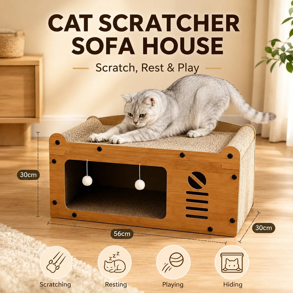 Cat Scratcher Lounge 56cm, Cat Sofa Bed House, Wooden Cat Furniture with Scratch Board, Indoor Cat Resting & Hiding Box