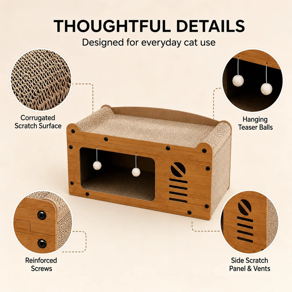 Cat Scratcher Lounge 56cm, Cat Sofa Bed House, Wooden Cat Furniture with Scratch Board, Indoor Cat Resting & Hiding Box