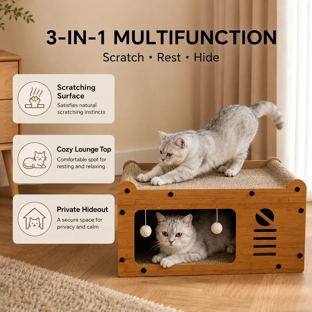 Cat Scratcher Lounge 56cm, Cat Sofa Bed House, Wooden Cat Furniture with Scratch Board, Indoor Cat Resting & Hiding Box