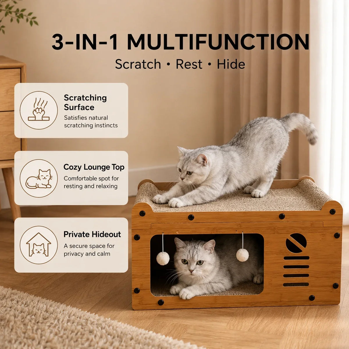 Cat Scratcher Lounge 56cm, Cat Sofa Bed House, Wooden Cat Furniture with Scratch Board, Indoor Cat Resting & Hiding Box