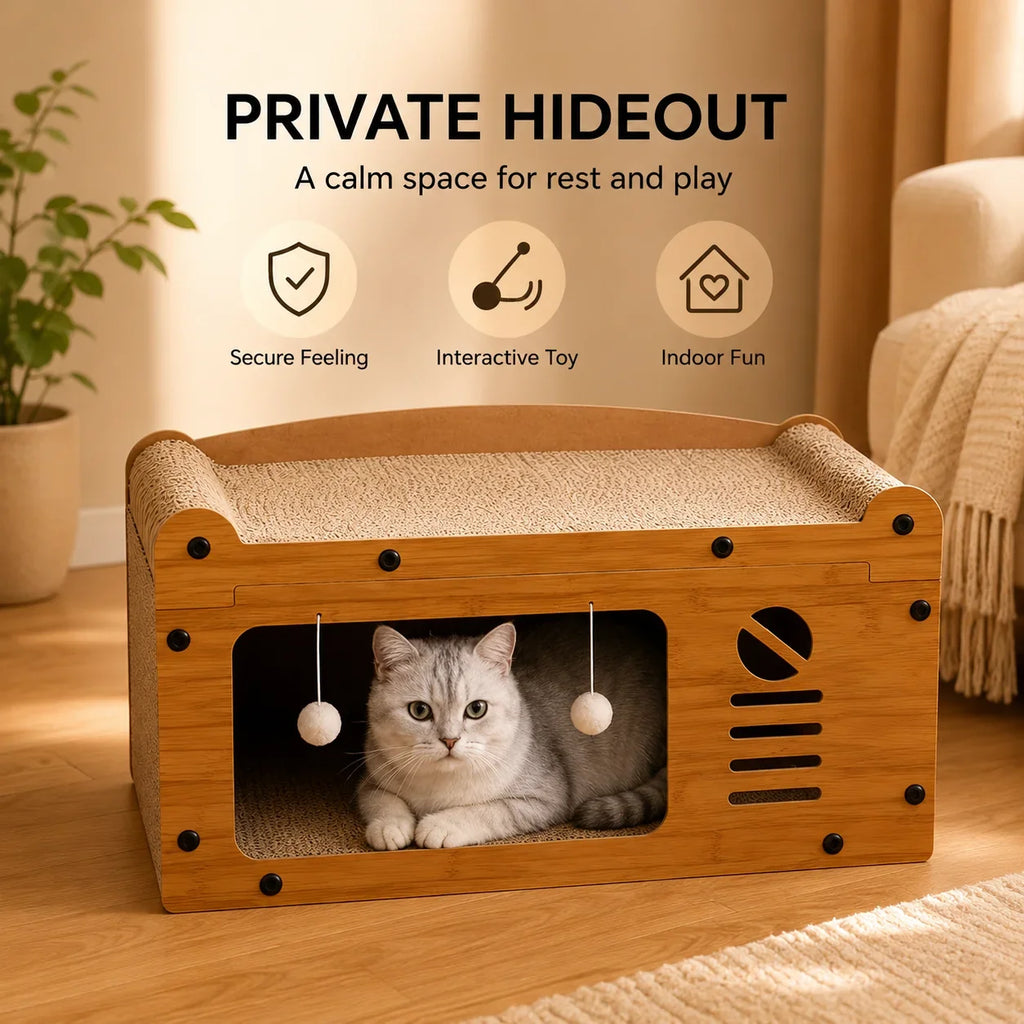 Cat Scratcher Lounge 56cm, Cat Sofa Bed House, Wooden Cat Furniture with Scratch Board, Indoor Cat Resting & Hiding Box