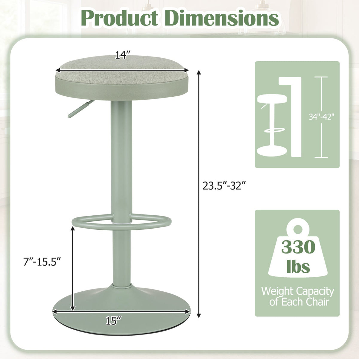 Adjustable Swivel Bar Stools Set of 4 with Padded Seats