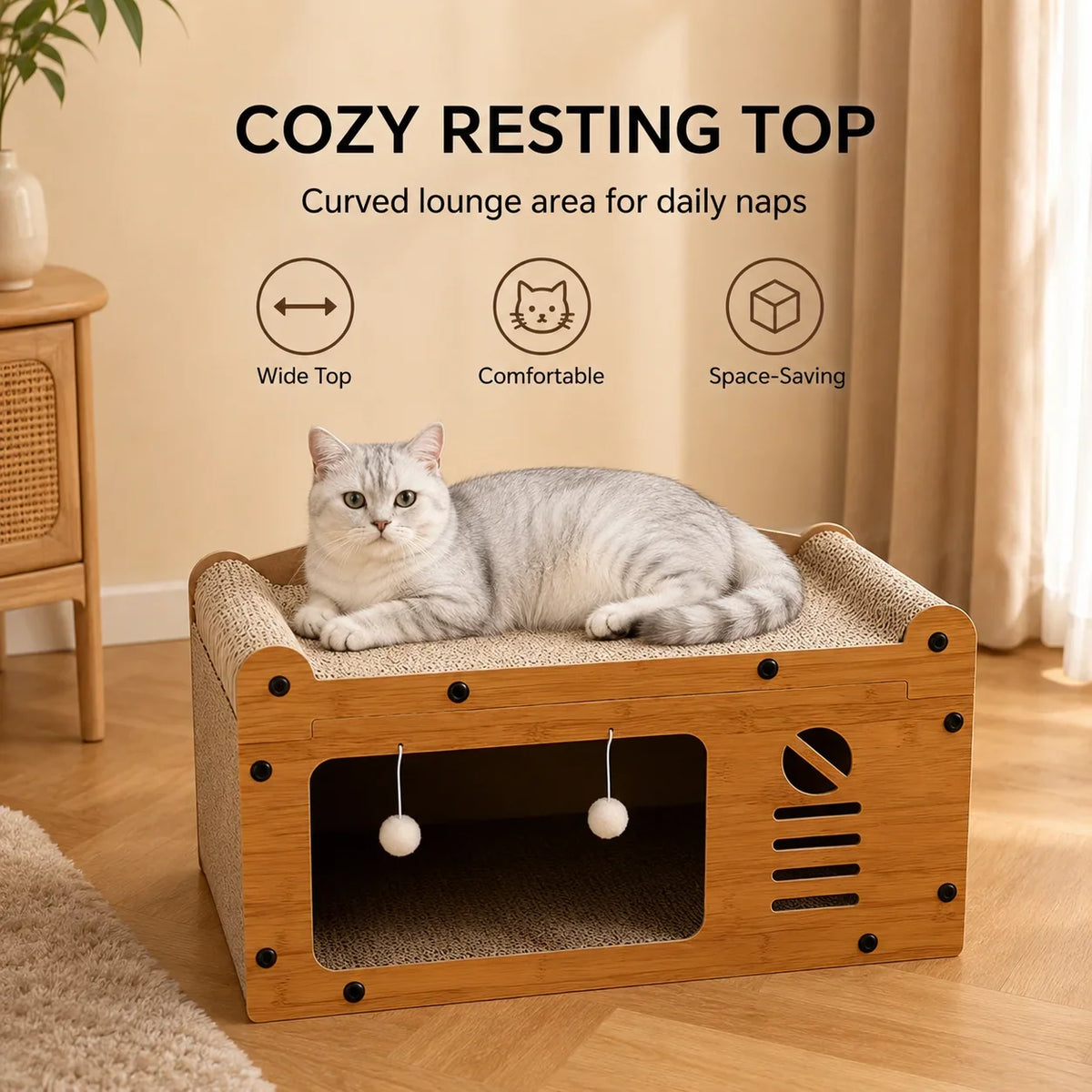 Cat Scratcher Lounge 56cm, Cat Sofa Bed House, Wooden Cat Furniture with Scratch Board, Indoor Cat Resting & Hiding Box