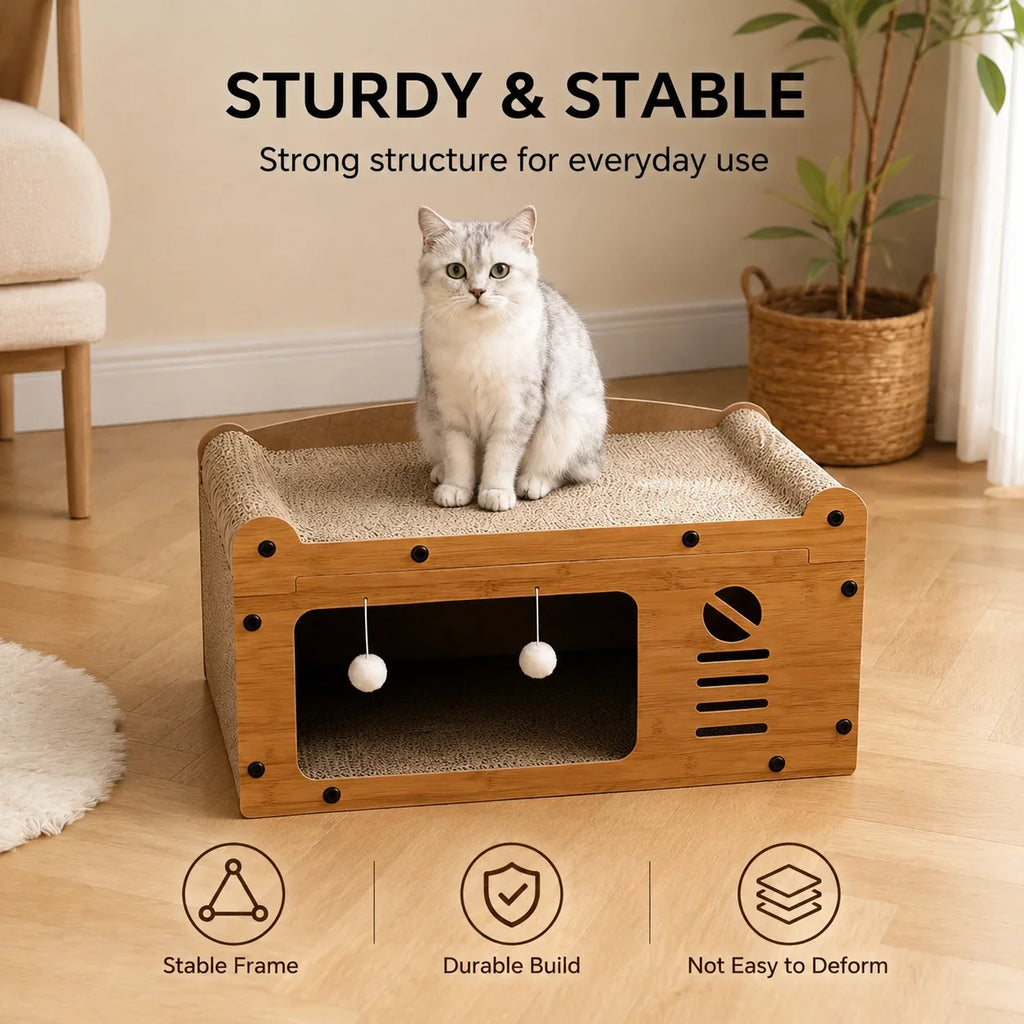 Cat Scratcher Lounge 56cm, Cat Sofa Bed House, Wooden Cat Furniture with Scratch Board, Indoor Cat Resting & Hiding Box