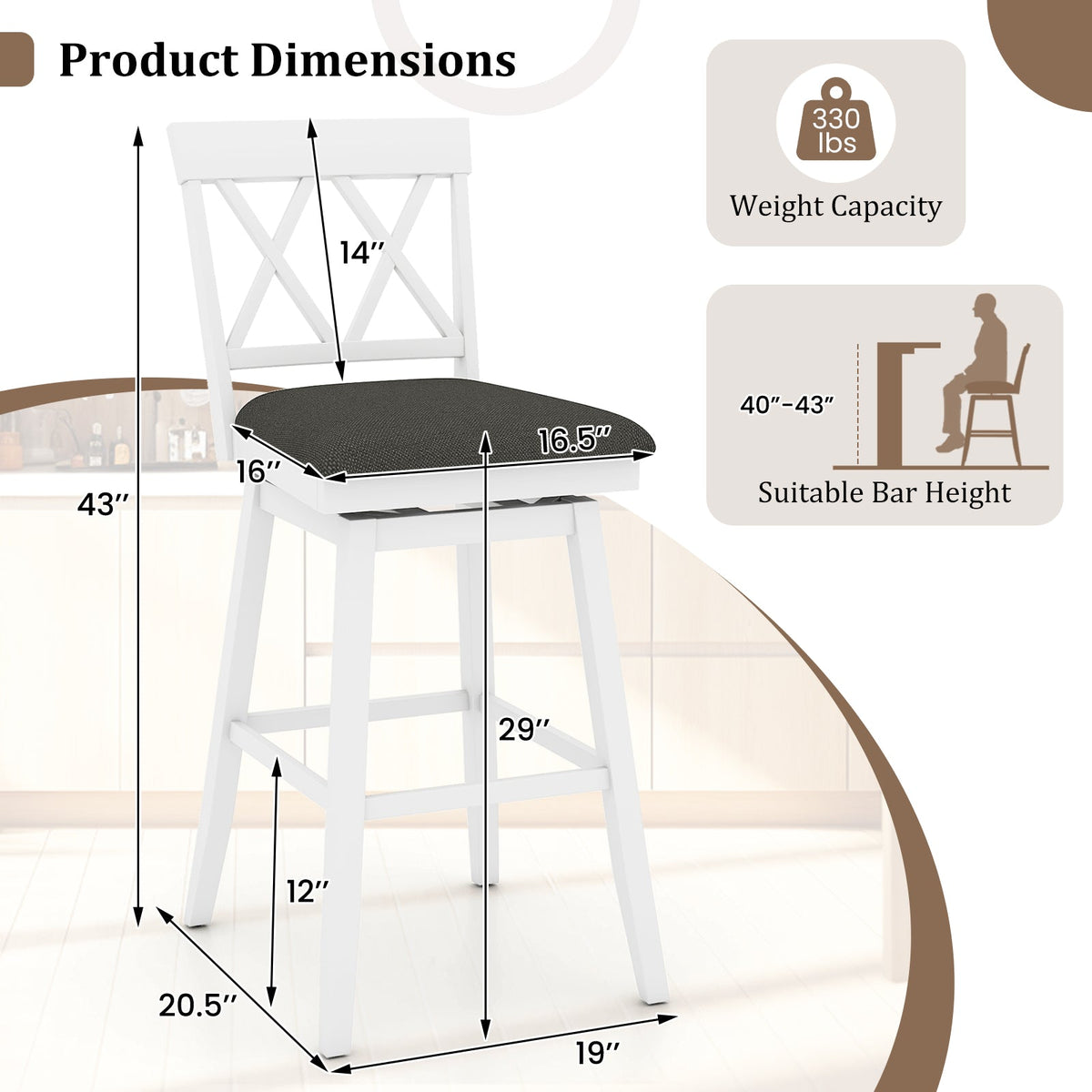 Swivel Bar Stools Set of 4 Counter Height Barstools with Backrest Upholstered Seat Cushion