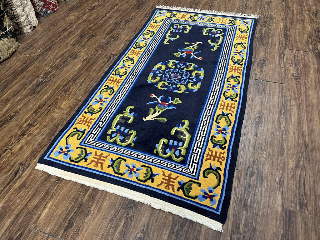 Chinese Art Deco Rug 3 x 5.9, Handmade Chinese Peking Carpet, Dark Blue and Gold, Medallion, Asian Oriental 3x6 Hand Knotted Vintage Rug