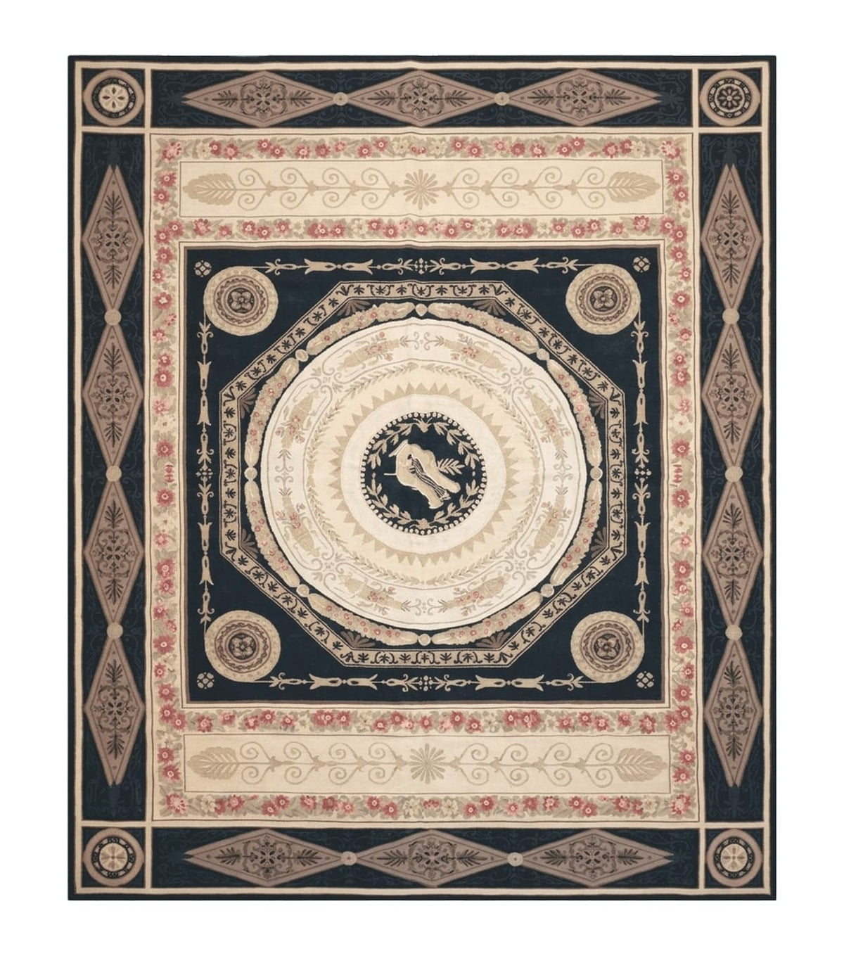 8x10 Woolen Needlepoint Rug Black European Savonnerie Carpet Circles Flat Weave Carpet Area Rug New Handmade Hand-Knotted Harp Flowers