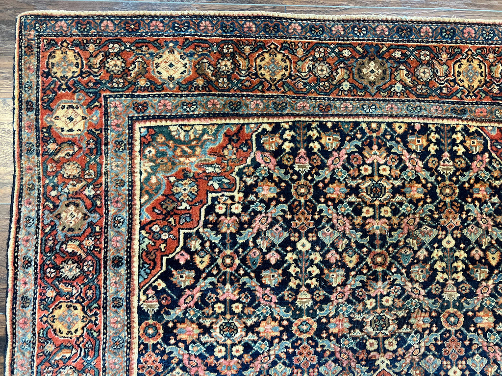 Persian Rug 4x7 Antique Sarouk Farahan Carpet, Navy Blue and Red Wool Rug
