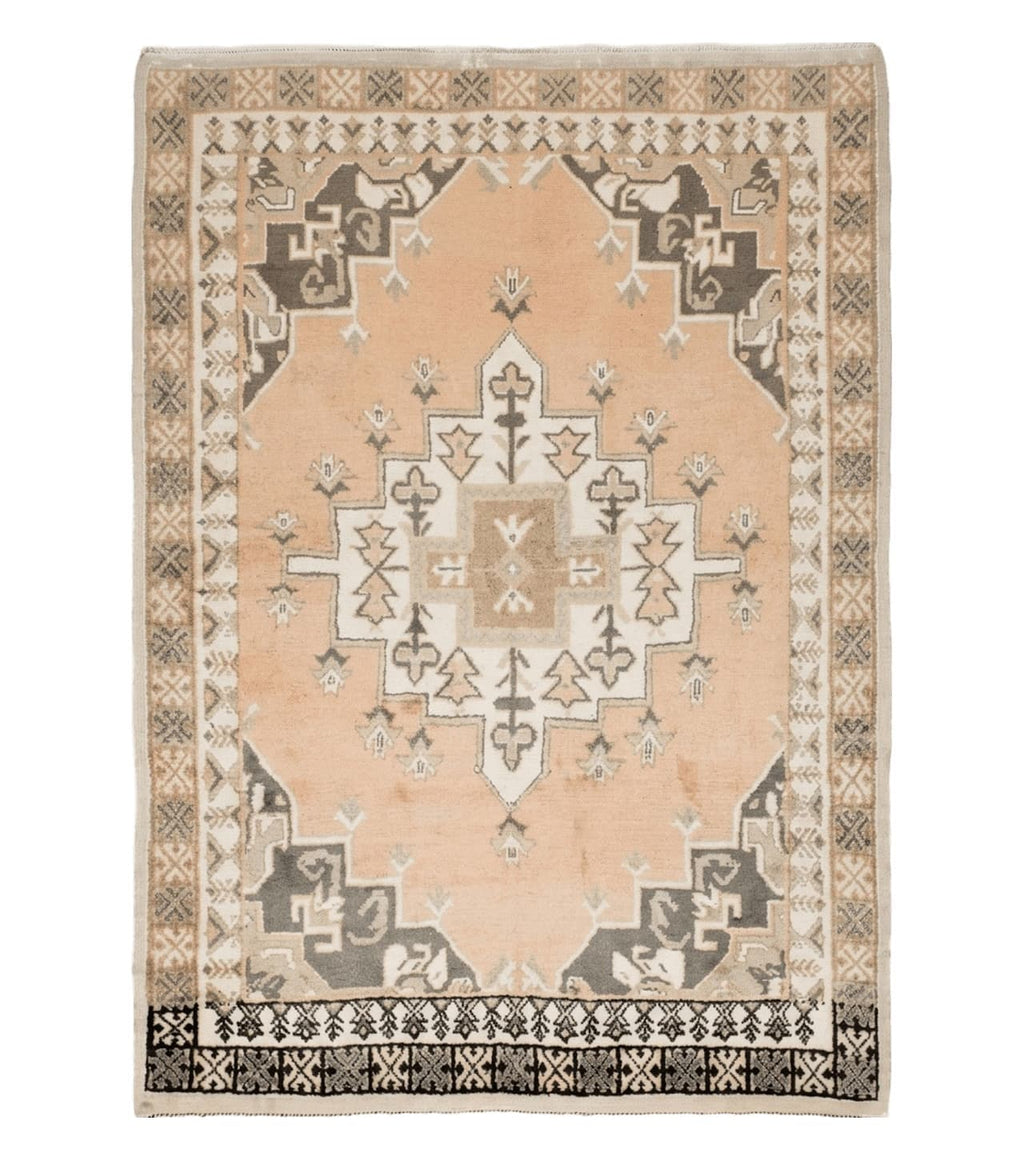 Antique Moroccan Rug 5x7 Tribal Carpet, Hand-Knotted Soft Wool Pile, 5 x 7 Area Rug, Berber Rug, Geometric Open Field Medallion, Pink Ivory
