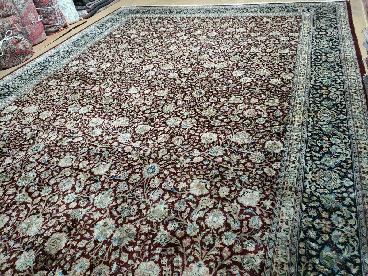 Persian Rug 9x12, Floral Allover, Very Fine, Handmade, Room Sized Oriental Carpet, Sino Persian, Maroon and Navy Blue