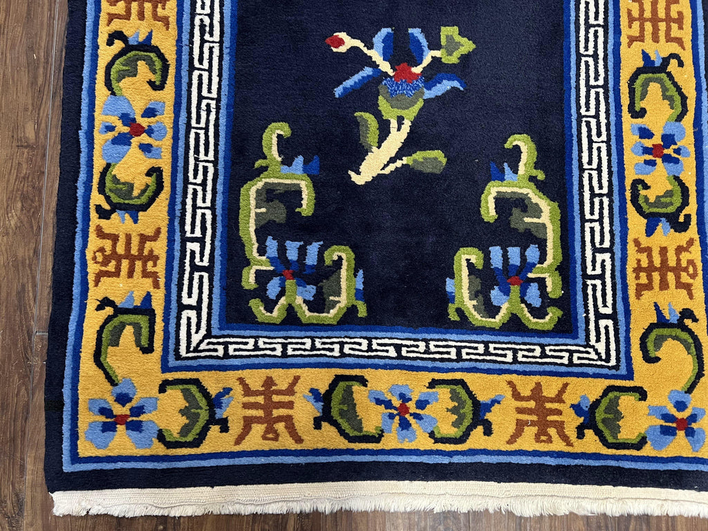 Chinese Art Deco Rug 3 x 5.9, Handmade Chinese Peking Carpet, Dark Blue and Gold, Medallion, Asian Oriental 3x6 Hand Knotted Vintage Rug