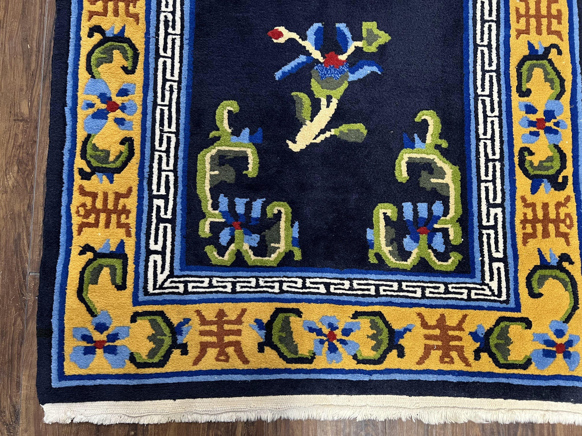 Chinese Art Deco Rug 3 x 5.9, Handmade Chinese Peking Carpet, Dark Blue and Gold, Medallion, Asian Oriental 3x6 Hand Knotted Vintage Rug