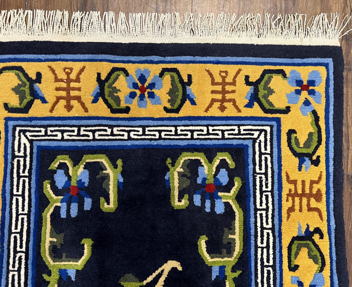 Chinese Art Deco Rug 3 x 5.9, Handmade Chinese Peking Carpet, Dark Blue and Gold, Medallion, Asian Oriental 3x6 Hand Knotted Vintage Rug