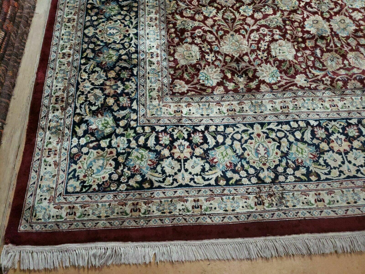 Persian Rug 9x12, Floral Allover, Very Fine, Handmade, Room Sized Oriental Carpet, Sino Persian, Maroon and Navy Blue