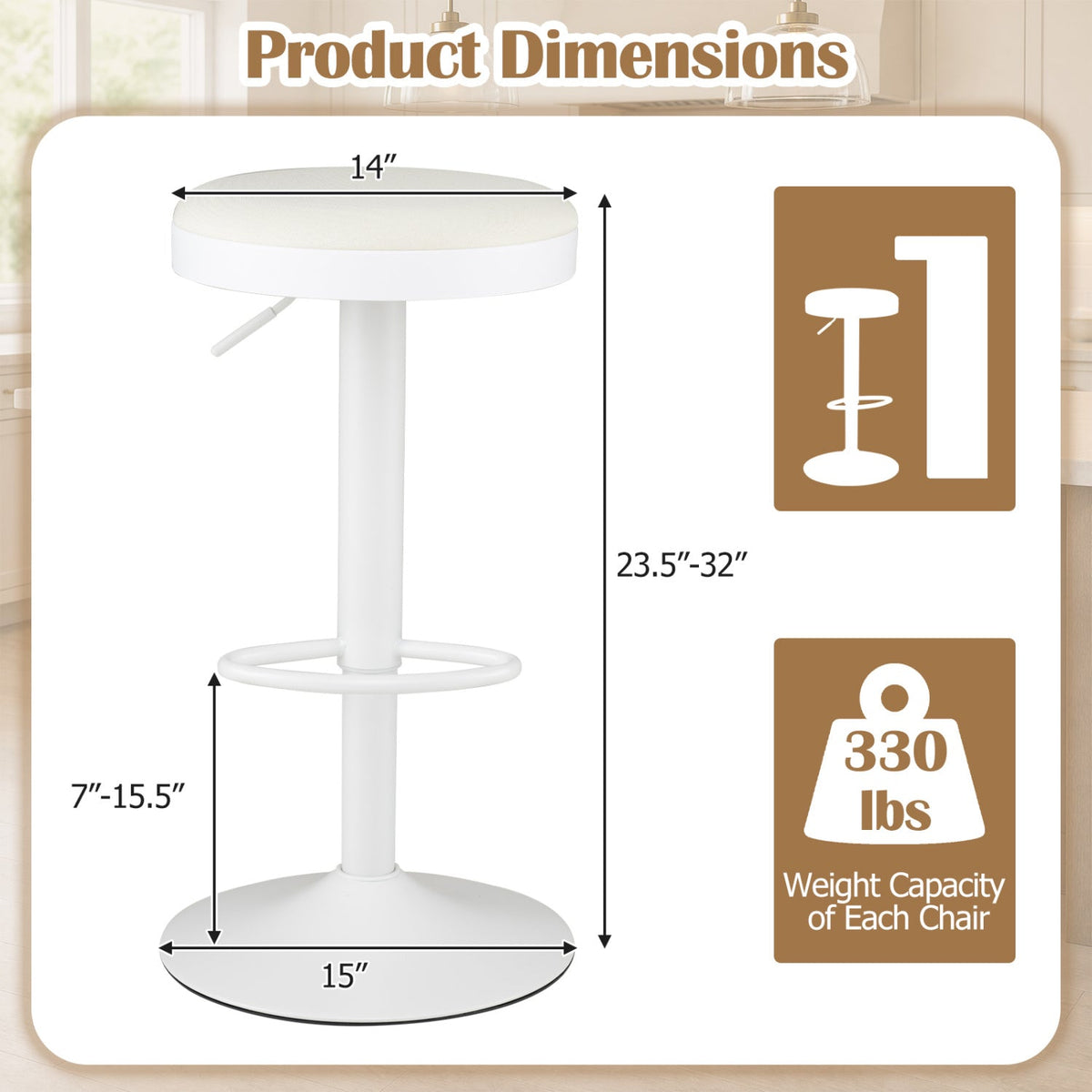 Adjustable Bar Stools Set of 2 with Padded Seat