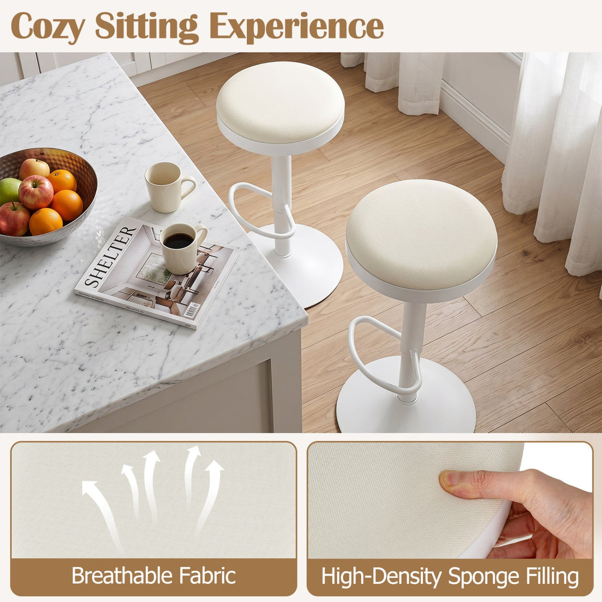 Adjustable Bar Stools Set of 2 with Padded Seat